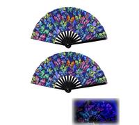 JWShang 2Pcs Large Folding UV Glow Rave Hand Fan with Butterfly Print, 13" Bamboo Clack Fans for Line Dancing, EDM Music Festival, Trailride, Disco, Neon, Club, Party Decorations (Butterfly-24)