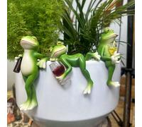 JWShang Set of 3 Tipsy Frog Figurines Plant Decorations for Pots, Miniature Resin Frog with Wine Glass Drinks, Happy Laid Back Frog Flower Pot Hugger for Garden Outdoor Yard Lawn Ornament