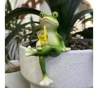 JWShang Tipsy Frog Figurines Plant Decorations for Pots, Miniature Resin Frog with Wine Glass Drinks, Happy Laid Back Flower Pot Hugger for Garden Outdoor Yard Lawn Ornament (Yellow)