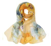 JWSilk Floral Print Silk Chiffon Long Scarf, Yellow and White, 69"x26"