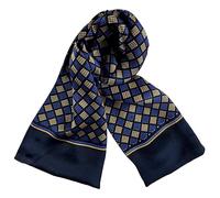JWSilk Long Charmeuse Silk Scarf for Men, Indigo Squares, 63"x10"
