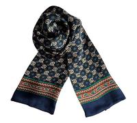 JWSilk Long Silk Charmeuse Scarf for Men, Navy Blue and Brown Squares, 10"x165cm