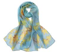 JWSilk Long Silk Chiffon Scarf Floral Print, Blue Maple, 69"x26"