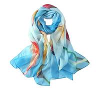 JWSilk Long Silk Chiffon Scarf Floral Print - blue - Medium