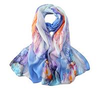 JWSilk Long Silk Chiffon Scarf Floral Print - blue - Medium