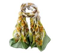 JWSilk Long Silk Chiffon Scarf Floral Print, Green, 69"x26"