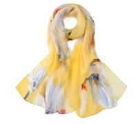 JWSilk Long Silk Chiffon Scarf Floral Print, Light Yellow, 69"x26"