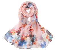 JWSilk Long Silk Chiffon Scarf Floral Print, Pink and Blue, 69"x26"