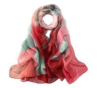 JWSilk Long Silk Chiffon Scarf Floral Print, Red 2, 69"x26"