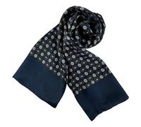 JWSilk Men's Long Charmeuse Silk Scarf, Navy Blue Squares, 63"x10"