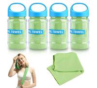 Jwthee 4 pack Cooling Towels, 40 x 12 Inch Reusable Ice Towel with Storage Bottle Quick Dry Cooling Neck Wraps, Soft Breathable Chilly Towel for Yoga Gym Running Camping Sports (Grass Green)
