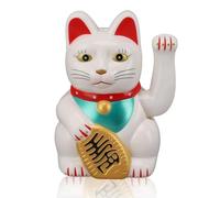 Jwthee 5in White Solar Powered Waving Lucky Cat, Automatic Maneki Neko Feng Shui Fortune Cat for Home Car Desk Restaurant Hotel Cafe Decor Wealth Welcoming Ornament