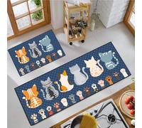 JWXCBIM Cat Kitchen Rug 2 Piece Set, Country Farmhouse Style Decor Kitchen Floor Mat, Non-slip Absorbent and Washable Runner Rug, Funny Cat Blue Kitchen Decorations 17x30+17x47 Inches