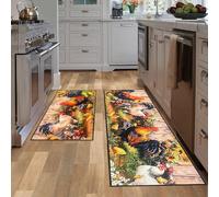 JWXCBIM Rooster Kitchen Rug 2 Piece Set, Country Farmhouse Style Sunflower Decor Floor Mats, Absorbent Washable Non-Slip Runner Carpet, Chicken Home Indoor Decorative 17x30+17x47 Inches