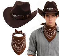 JXADVOK 2Pcs Western Cowboy Hat Set, Cowgirl Costume Accessory Set with Brown Bandana for Masquerade for Hen Parties, Stag Dos, Bachelor Party Cosplay & Themed Events - Brown