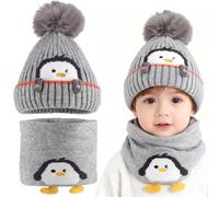 JXADVOK Kids Winter Warm Beanie Hat Scarf Set Children Thermal Knit Thick Scarf Toddlers Warm Cap Cute Small Penguin Winter Hat Hood Monk Beanie Hats for Boys Baby Girls Grey
