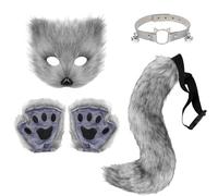JXAXD Fox Costume Set, Cat Mask, Cat Therian Mask Gloves, Plush Fox Tail Fox Mask, Bells Necklace, Fox Gloves, Cosplay Animal, Fancy Dress for Halloween, Christmas, Carnival