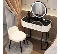 JXCCA Vanity Desk with Mirror and Led Lights, Smart Touch 3-light Color Matching, Painted Iron Table Legs, Black Tempered Glass, Stool/Chair, Two Options Are Available