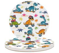 JXDXHCW Drink Coasters Set of 2, Absorbent Ceramic Coaster with Cork Base, Dinosaur Skateboard Design Round Cup Coasters for Home Kitchen Bar, 10 cm