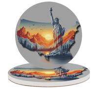 JXDXHCW Drink Coasters Set of 2, Absorbent Ceramic Coaster with Cork Base, Liberty Statue Map Landscape Round Cup Coasters for Home Kitchen Bar, 10 cm