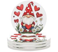 JXDXHCW Drink Coasters Set of 4, Absorbent Ceramic Coaster with Cork Base, Cute Red Gnome Daisy Round Cup Coasters for Home Kitchen Bar, 10 cm