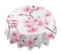 JXDXHCW Lace Edge 60 Inch Round Tablecloth, Cherry Blossom Floral Polyester Fabric with Elegant Lace Trim, Thick 0.5mm, Washable and Wrinkle-Resistant