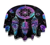 JXDXHCW Lace Edge 60 Inch Round Tablecloth, Dreamcatcher Feather Ethnic Polyester Fabric with Elegant Lace Trim, Thick 0.5mm, Washable and Wrinkle-Resistant