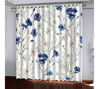 JXMFYY Blackout Curtain,L59 x66 W/150x166cm Small Daisy Blue Flower Thermal Insulated Room Darkening Curtains For Living Room, Pencil Pleat Window Eyelets Curtain 2 Panels