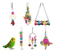 Jxngery 6PCS Bird Parrots Hanging Swing Sepaktakraw Bell Wooden Pendant Biting Chewing Toy Pet Cage Accessory