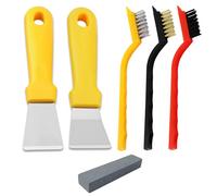 JXPXJMY 5PCS Cleaning Tool Set Including 2 Scrapers and 3 Brushes, Stainless Steel Multifunctional Scraper with Sharpening Stone for Stove Cookware Oven Floor Drain Refrigerator (Yellow)