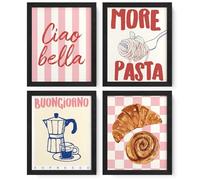 JXREQ Trendy Pink Coffee Decor - Kitchen Wall Art Prints Set of 4, Italian Vintage Pasta Coffee Bar Cart Wall Decor, 8x10 Unframed