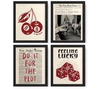 JXREQ Trendy Retro Y2K Red Lucky 8 Ball Cherry Dice Happy Hour Posters Wall Art Prints Set of 4, Bar Cart Decor, Y2K Room Decor, Funky Home Decor, Preppy Room Decor, 12x16 Inch Unframed