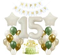 Jxuzh 15th Birthday Decoration Sage Green Decoration 15th Birthday Girl Boy 15th Birthday Decoration Boy Girl Balloon 15th Birthday Beige White Birthday Decoration 15 Years Cake Decoration for 15th