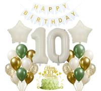 Jxuzh 30pc 10th Birthday Decoration Kit: Beige White, Sage Green Balloons, Banners, Cake Decorations - Unisex Kids' 10th Birthday Party Decor