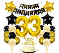 Jxuzh 33rd Birthday Decorations Black Gold - Decoration for Men and Women - Balloons, Garland, Children's Birthday Set - 33 Years Celebration
