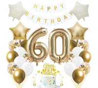 Jxuzh 60th Birthday Decoration Set 'Light Gold & White' 33 Piece Set with Balloons, Garland, Foil Number 60, Cream Stars & Glitter Cake Topper - For Men and Women