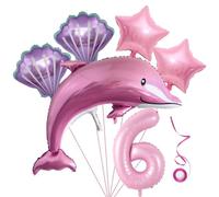 Jxuzh Dolphin Balloon Set - 6 Pieces Pink Ocean Animal Balloons - XXL Number 6, Giant Dolphin, Shells & Stars - Girls' 6th Birthday Party Decoration