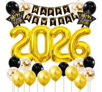 Jxuzh New Year's Eve Decoration 2026 XXL Set Black Gold 25 Pieces Foil Balloons (Number 2026) 80 cm Happy New Year Garland Stars Balloons for New Year's Eve Party, New Year, Year Change Party