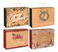 JXVICT 12 Extra Large Kraft Christmas Wrap Gift Paper Bags Bulk with handles, 4 Designs Jumbo Oversized Sacks Set for Wrapping Gaint Xmas Presents Gift Wrap, Party Favor Supplies (50 x 38 x 18 CM)