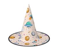 JxWCher 2 PCS Halloween Witch Hat for Adults, Rocket Ship & Planets Print Classic Pointed Wizard Costume Cap Party Accessory