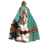 JxWCher Adult Halloween Hooded Cape,Pretty Pink Roses Print Witch Hooded Robe, Long Cloak for Costume Party Cosplay, A Curious Cat, One Size