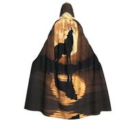 JxWCher Adult Halloween Hooded Cape,Rocket Ship & Planets Print Witch Hooded Robe, Long Cloak for Costume Party Cosplay, Wolf Howling Under Moon, One Size