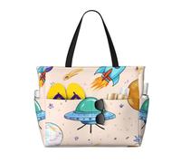 JxWCher Brown Reptile Scale Print 28L Large Beach Tote Bag, 7 Pockets Waterproof Travel Shoulder Bag, Gym Oversized Tote, Rocket Ship & Planets, One Size