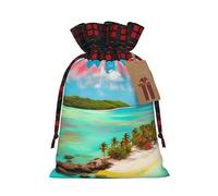 Jxwcher Christmas Gift Bags Caribbean Scenery Print Santa Wrapping With Tags, Candy Drawstring Fabric Sacks, Festive Xmas Party Holiday