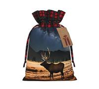 Jxwcher Christmas Gift Bags Elk In The Meadow Print Santa Wrapping With Tags, Candy Drawstring Fabric Sacks, Festive Xmas Party Holiday