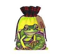 Jxwcher Christmas Gift Bags Frog In A Pond Print Santa Wrapping With Tags, Candy Drawstring Fabric Sacks, Festive Xmas Party Holiday
