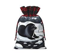 Jxwcher Christmas Gift Bags Seals On Ice Print Santa Wrapping With Tags, Candy Drawstring Fabric Sacks, Festive Xmas Party Holiday