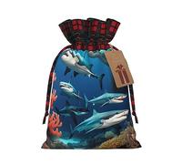Jxwcher Christmas Gift Bags Submarine Shark Coral Print Santa Wrapping With Tags, Candy Drawstring Fabric Sacks, Festive Xmas Party Holiday