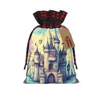 JxWCher Festive Santa Fairytale Castle Print Gift Bags with Tags & Drawstring – Perfect for Christmas Wrapping & Holiday Parties