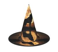 JxWCher Halloween Witch Hat for Adults, Wolf Howling Under Moon Print Classic Pointed Wizard Costume Cap Party Accessory, Black, 1